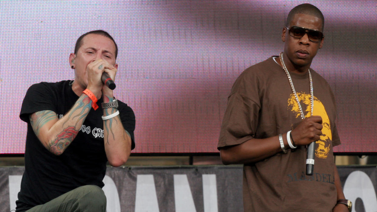  Chester Bennington of Linkin Park onstage with Jay-Z. 