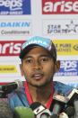 Bangladesh cricket team captain Mushfiqur Rahim addresses a press conference ahead of the Asia Cup tournament in Dhaka, Bangladesh, Sunday, Feb. 23, 2014. Pakistan plays Sri Lanka in the opening match of the five nation one day cricket event that begins Tuesday. (AP Photo/A.M. Ahad)