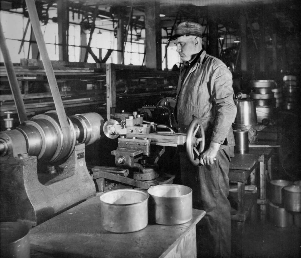 This undated photo shows a view inside the old Mirro manufacturing plant in Manitowoc. The Mirro Aluminum Company, Mirro for short, was an aluminum cookware company operating in Manitowoc from 1909 to 2003.