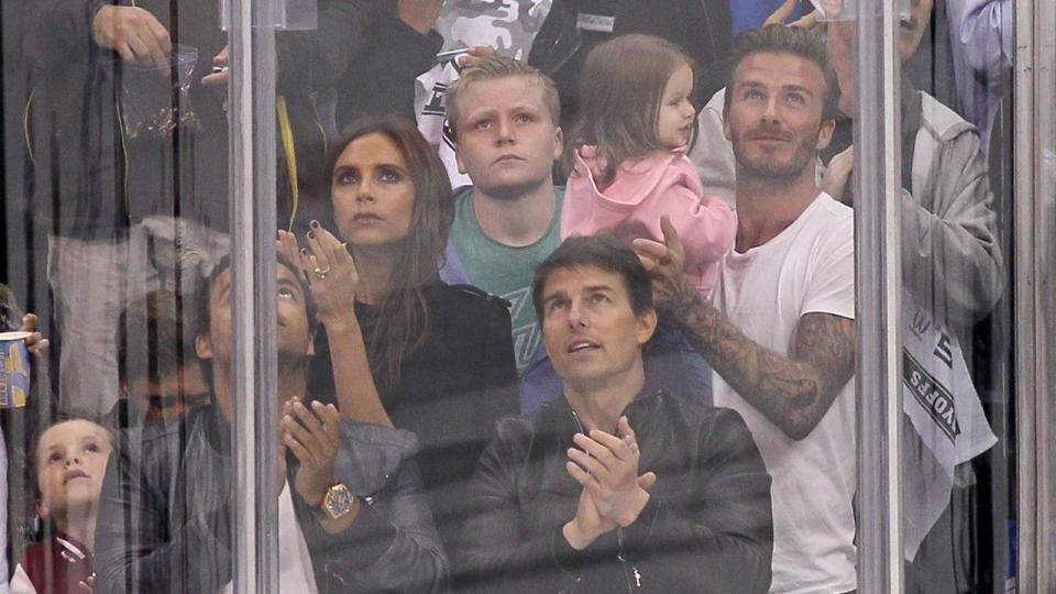 LCruz Beckham, Romeo Beckham, Connor Cruise, Victoria Beckham, Tom Cruise, Harper Beckham and David Beckham. Photo by Victor Decolongon/Getty Images.