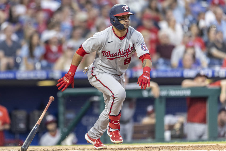 Washington Nationals' Gerardo Parra runs to first base after hitting an RBI-single during the fourth inning of a baseball game against the Philadelphia Phillies, Monday, July 26, 2021, in Philadelphia. (AP Photo/Laurence Kesterson)