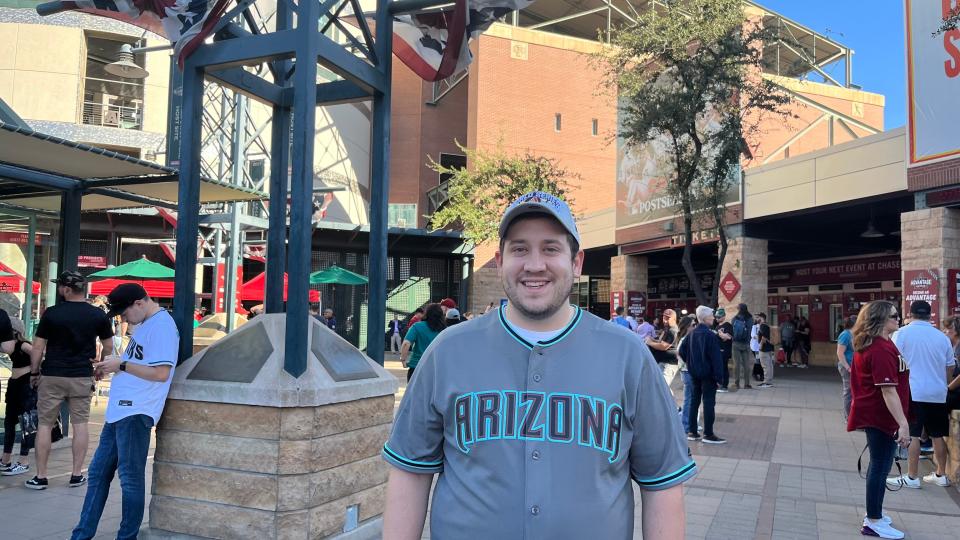 Carter Stouffer, a dedicated Diamondbacks fan, arrives to Game 4 of the World Series against the Texas Rangers in Phoenix.
