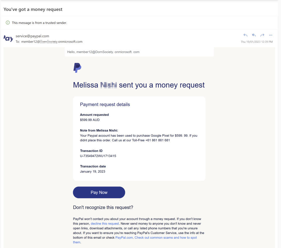 A copy of the PayPal scam email as it appears in inboxes.