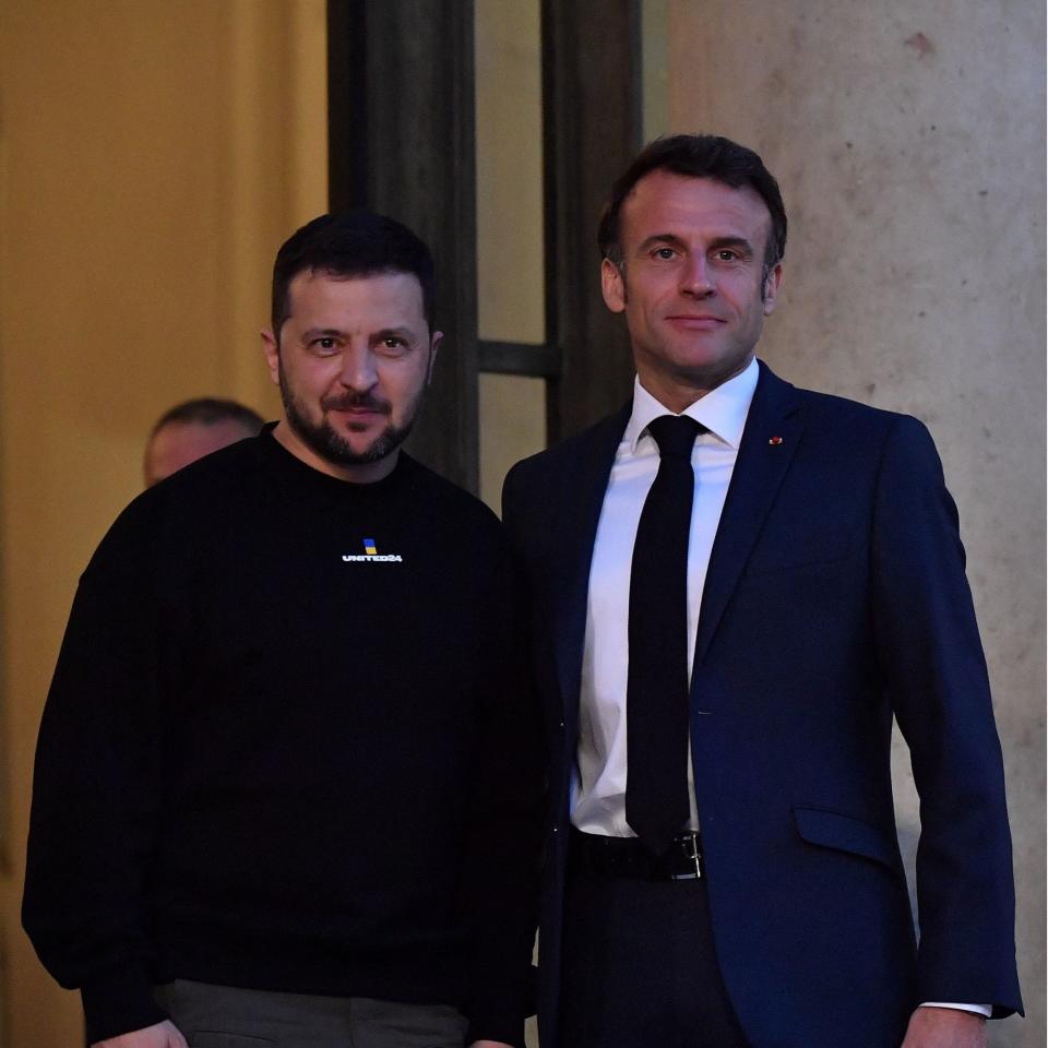 President Volodymyr Zelensky is welcomed by France's President Emmanuel Macron upon his arrival at the Elysee presidential palace in Paris - McMay Steve/ABACA/Shutterstock/Shutterstock