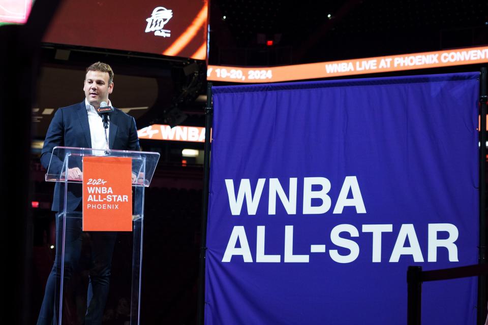 Phoenix Suns and Mercury CEO Josh Bartelstein announces Phoenix will host the 2024 WNBA All-Star game at a news conference at Footprint Center on July 17, 2023, in Phoenix.