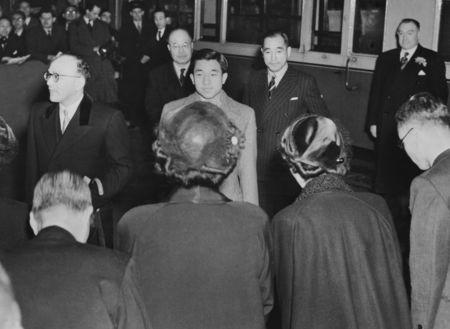 Japan's Crown Prince Akihito arrives at Waterloo station for attending the coronation ceremony of Britain's Queen Elizabeth in London May 1953, in this photo released by Kyodo. Mandatory credit Kyodo/via REUTERS
