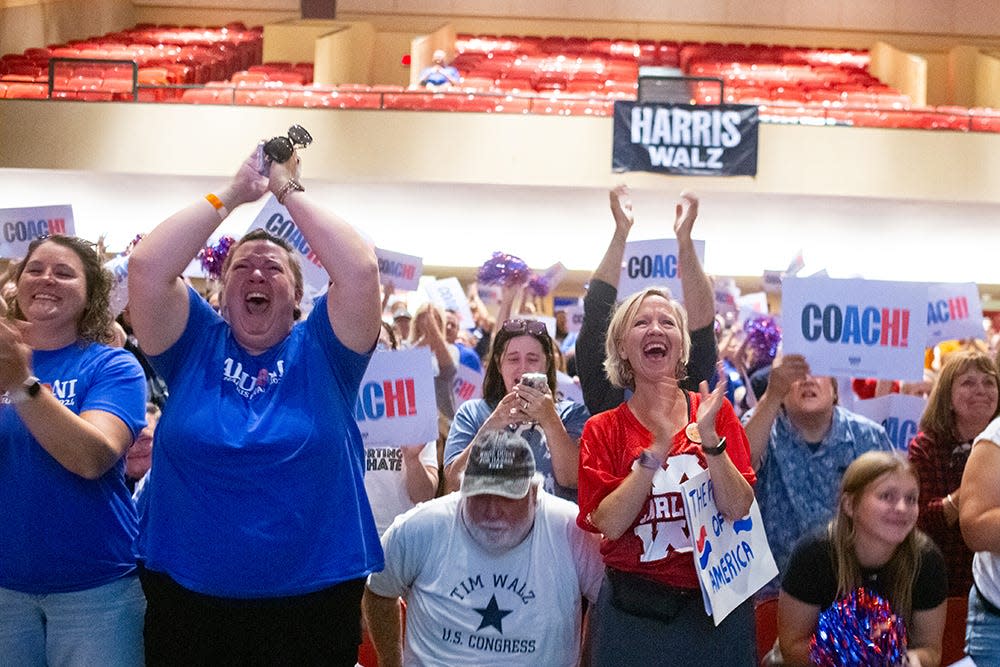 A DNC watch party at Mankato West High School in Mankato, Minnesota, as Minnesota Gov. Tim Walz spoke on Aug. 21, 2024.