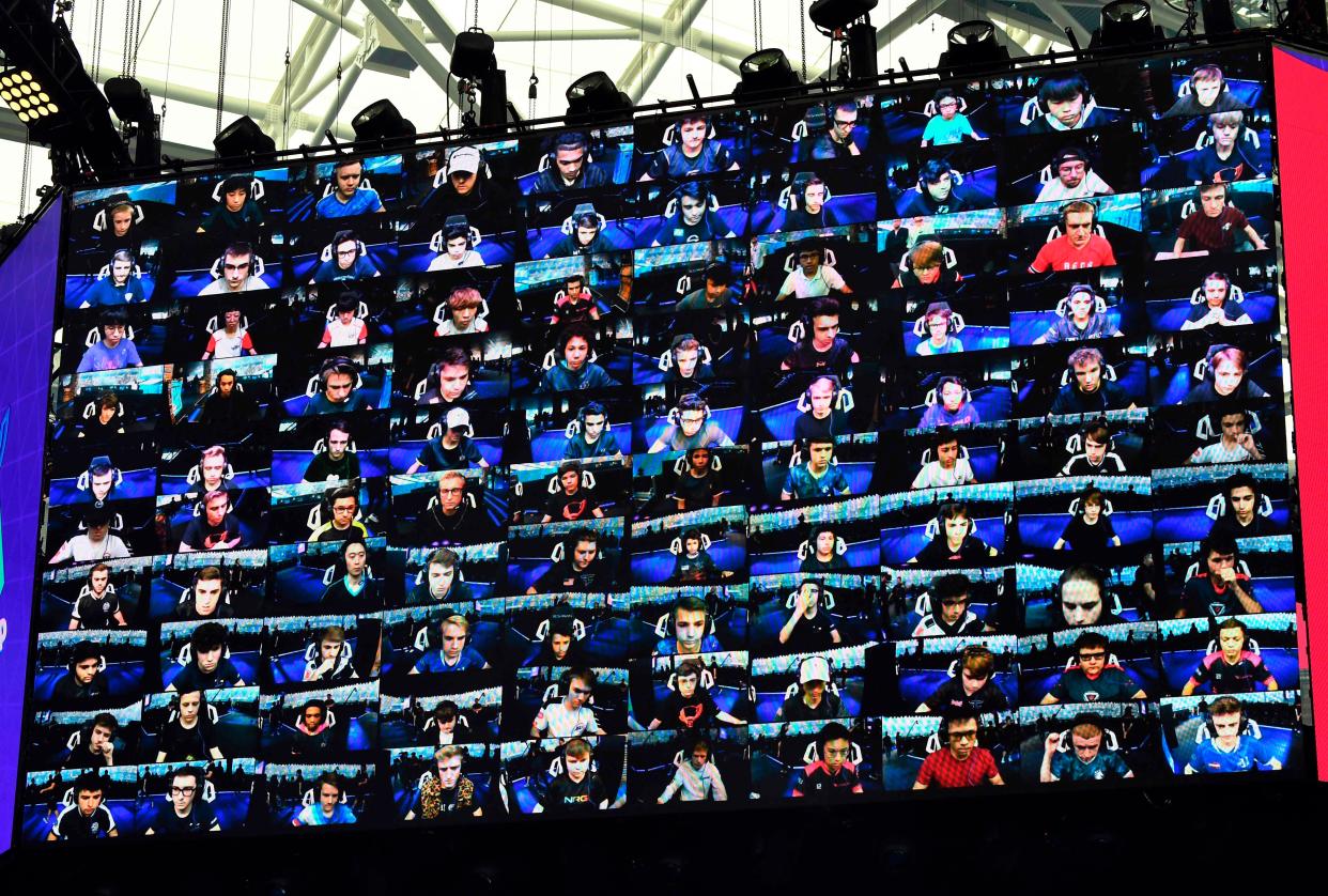 The 100 players are seen on a TV screen during the final of the Solo competition at the 2019 Fortnite World Cup July 28, 2019 inside of Arthur Ashe Stadium, in New York City.