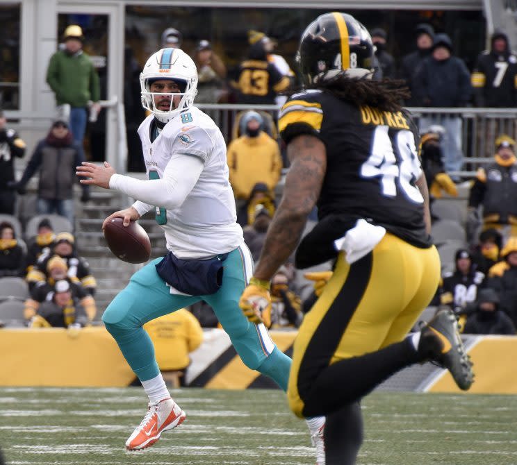 Dolphins QB Matt Moore was rocked by Steelers OLB Bud Dupree (48). (AP)