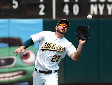 FILE PHOTO: Jul 1, 2018; Oakland, CA, USA; Oakland Athletics left fielder Matt Joyce (23) catches the ball against the Cleveland Indians during the third inning at Oakland Coliseum. Mandatory Credit: Kelley L Cox-USA TODAY Sports