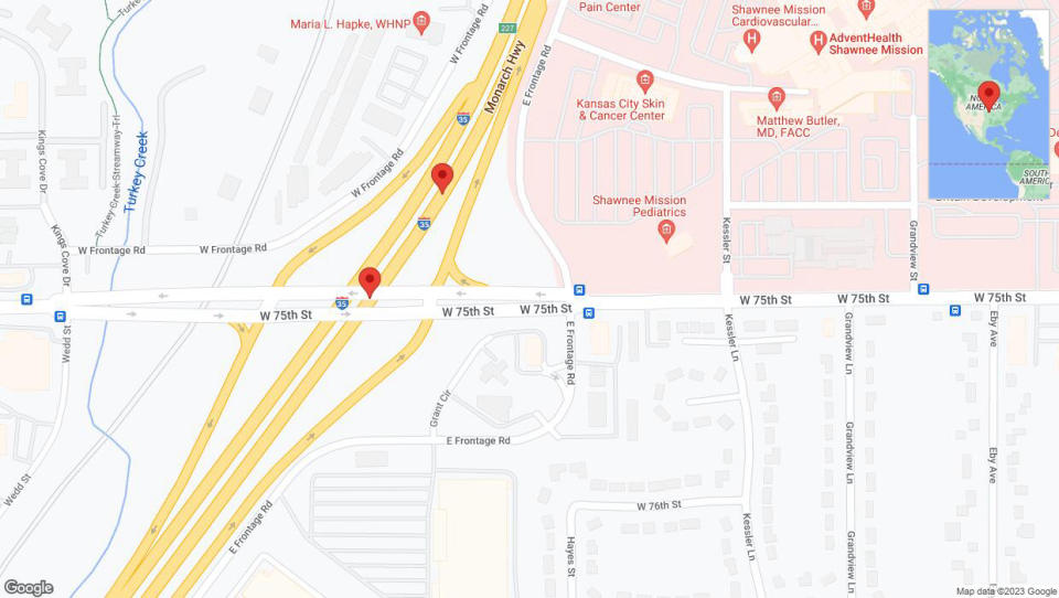 A detailed map that shows the affected road due to 'Broken down vehicle on eastbound I-35 in Overland Park' on December 10th at 6:52 p.m.