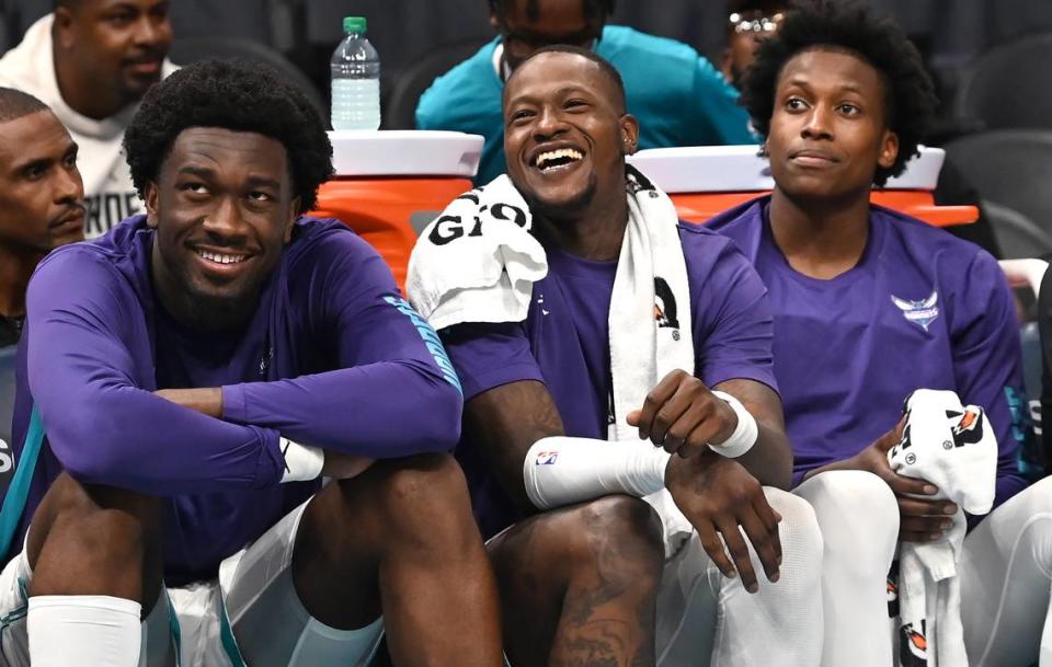 Charlotte Hornets guard Terry Rozier, center, laughs as his teammates joke with crew chief Tony Brothers during late fourth quarter action against the Oklahoma City Thunder on Sunday, October 15, 2023 at Spectrum Center in Charlotte, NC. The Hornets defeated the Thunder 117-115.