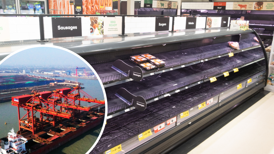 Empty shelves in a supermarket and a cargo ship to demonstrate the supply chain.