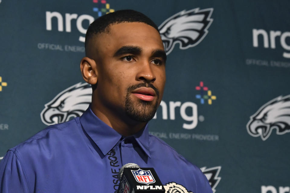 Philadelphia Eagles quarterback Jalen Hurts faces reporters during a news conference following an NFL football game against the New England Patriots, Sunday, Sept. 10, 2023, in Foxborough, Mass. (AP Photo/Mark Stockwell)