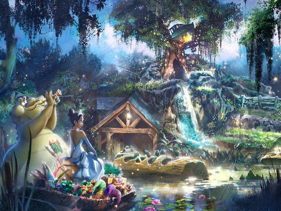 Concept art of new revamped Splash Mountain ride at Disney World and Disneyland with Tiana from  “Princess and the Frog.”
