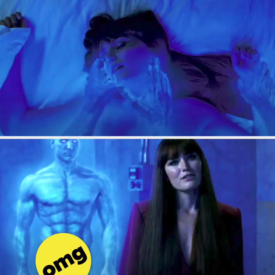 Laurie on the bed as she has sex with Dr. Manhattan and later fully dressed with him standing behind her nude