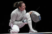 Sofia Pozdniakova celebrates after the gold at the women's individual Sabre final competition at the 2020 Summer Olympics, Monday, July 26, 2021, in Chiba, Japan. (AP Photo/Andrew Medichini)