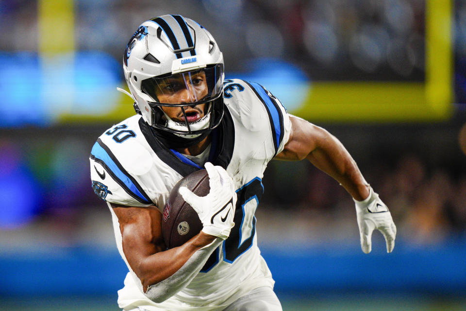 Carolina Panthers running back Chuba Hubbard runs against the New Orleans Saints during the second half of an NFL football game Monday, Sept. 18, 2023, in Charlotte, N.C. (AP Photo/Jacob Kupferman)