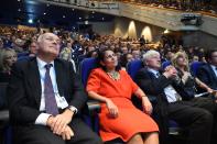 (L-R) Conservative MP's Iain Duncan Smith and Priti Patel, Boris Johnson's father Stanley Johnson and sister Rachel Johnson listen as British Conservative Party politician Boris Johnson gives a speech during a fringe event on the sidelines of the third day of the Conservative Party Conference 2018 at the International Convention Centre in Birmingham, on October 2, 2018. (Photo by Oli SCARFF / AFP) (Photo credit should read OLI SCARFF/AFP via Getty Images)