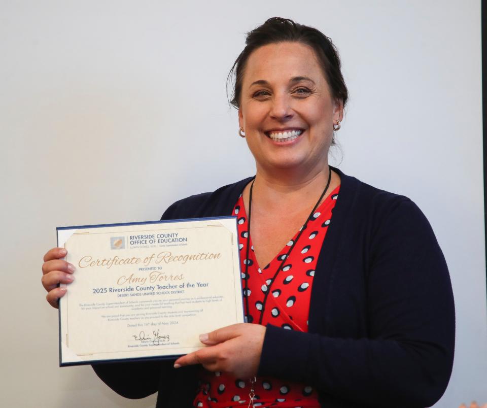 Indio High School teacher Amy Torres was recognized as a Riverside County Teacher of the Year by the Riverside Office of Education at Indio High School in Indio, Calif., May 16, 2024.