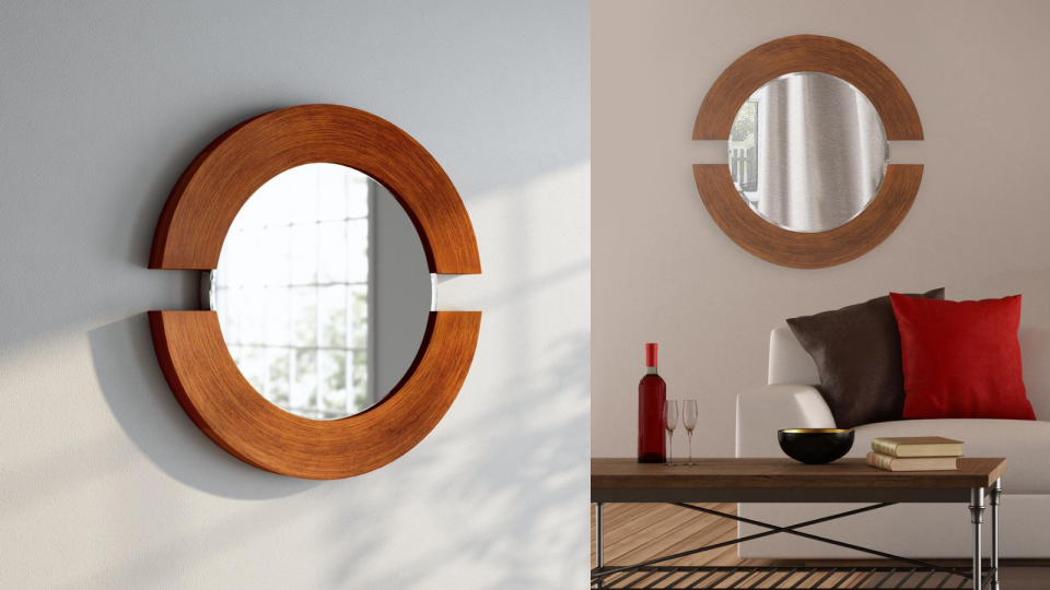 The design of this mirror could be reminiscent of two mounted horseshoes facing each other.