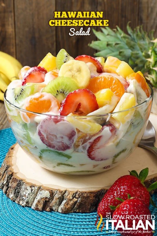 <p>The Slow Roasted Italian</p><p>Comes together so simply with fresh tropical fruit and a rich and creamy cheesecake filling to create the most glorious fruit salad ever.</p><p><strong>Get the recipe: <a href="https://www.theslowroasteditalian.com/2017/04/hawaiian-cheesecake-salad.html" rel="nofollow noopener" target="_blank" data-ylk="slk:Hawaiian Cheesecake Salad;elm:context_link;itc:0;sec:content-canvas" class="link ">Hawaiian Cheesecake Salad</a></strong></p>