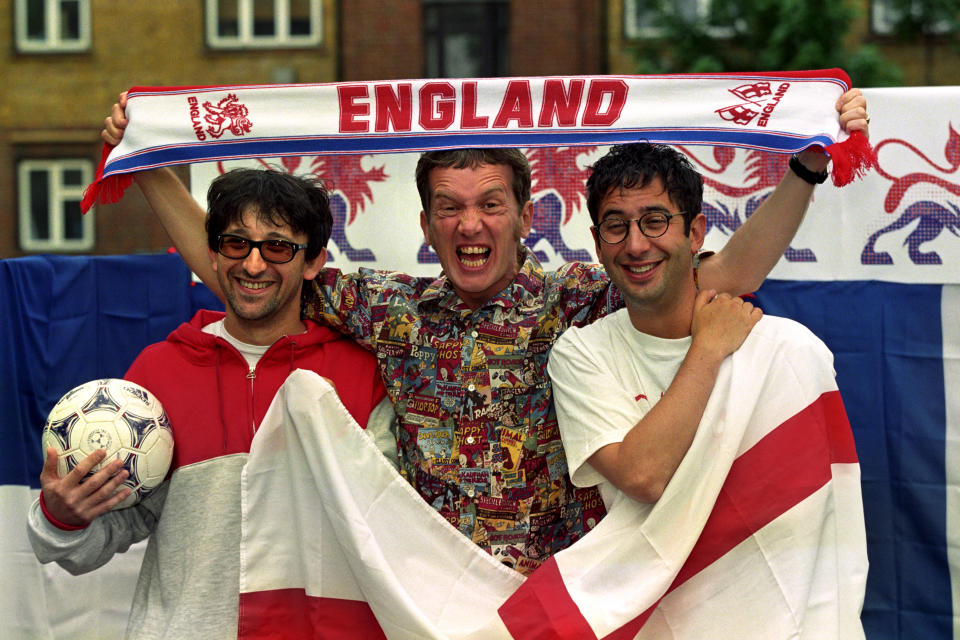 Ian Broudie from the Lightening Seeds (left to right), comedians Frank Skinner and David Baddiel at a photocall announcing their new recorded version of the Three Lions to coincide with the 1998 World Cup.   (Photo by PA Images via Getty Images)