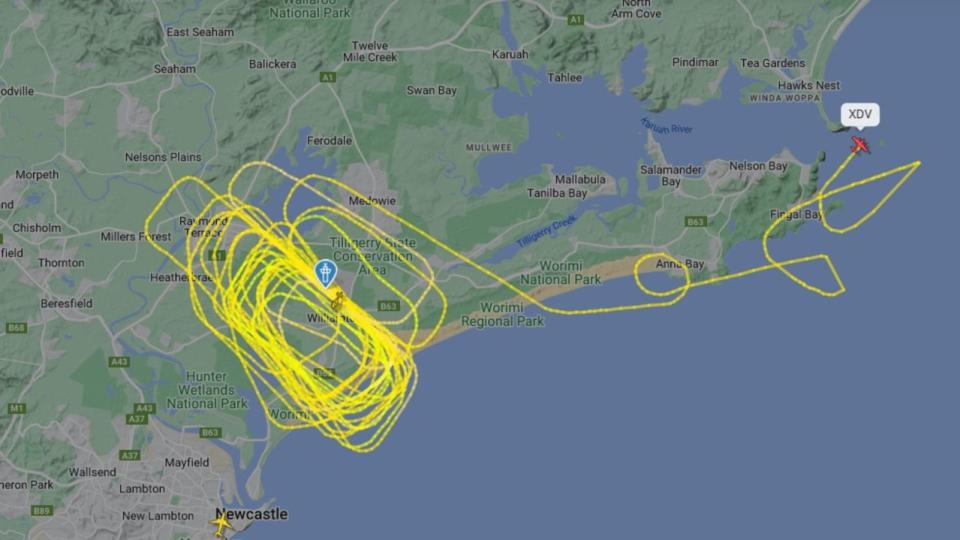 The Beech Super King Air plane was in the air for hours, burning fuel, and headed out to sea after circling Newcastle Airport and RAAF Base Williamtown. Picture: FlightRadar24