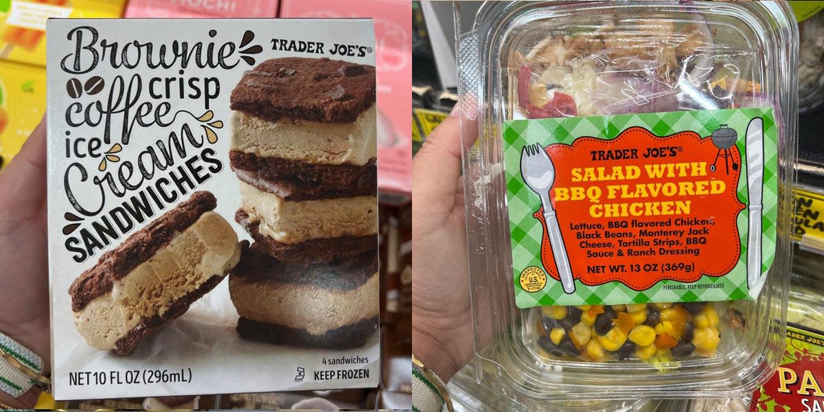 trader joe's brownie crisp ice cream sandwiches next to bbq chicken salad