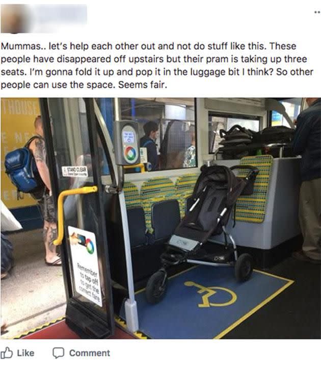 An Aussie mum has shared this image of a pram blocking available seats. Photo: Facebook