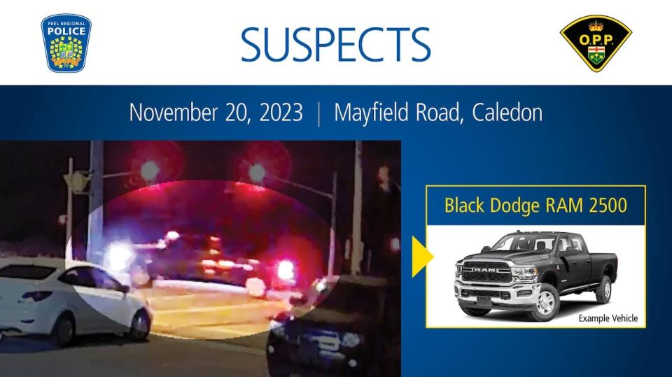 Peel Regional Police and Ontario Provincial Police released photos of a black Dodge RAM 2500 pick-up truck they say the possible suspect involved in a shooting near Mayfield Road in Caledon on Nov. 20, 2023 used. The same truck was involved in a vehicle fire on Olde Baseline Road and Creditview Road in the Town of Caledon.