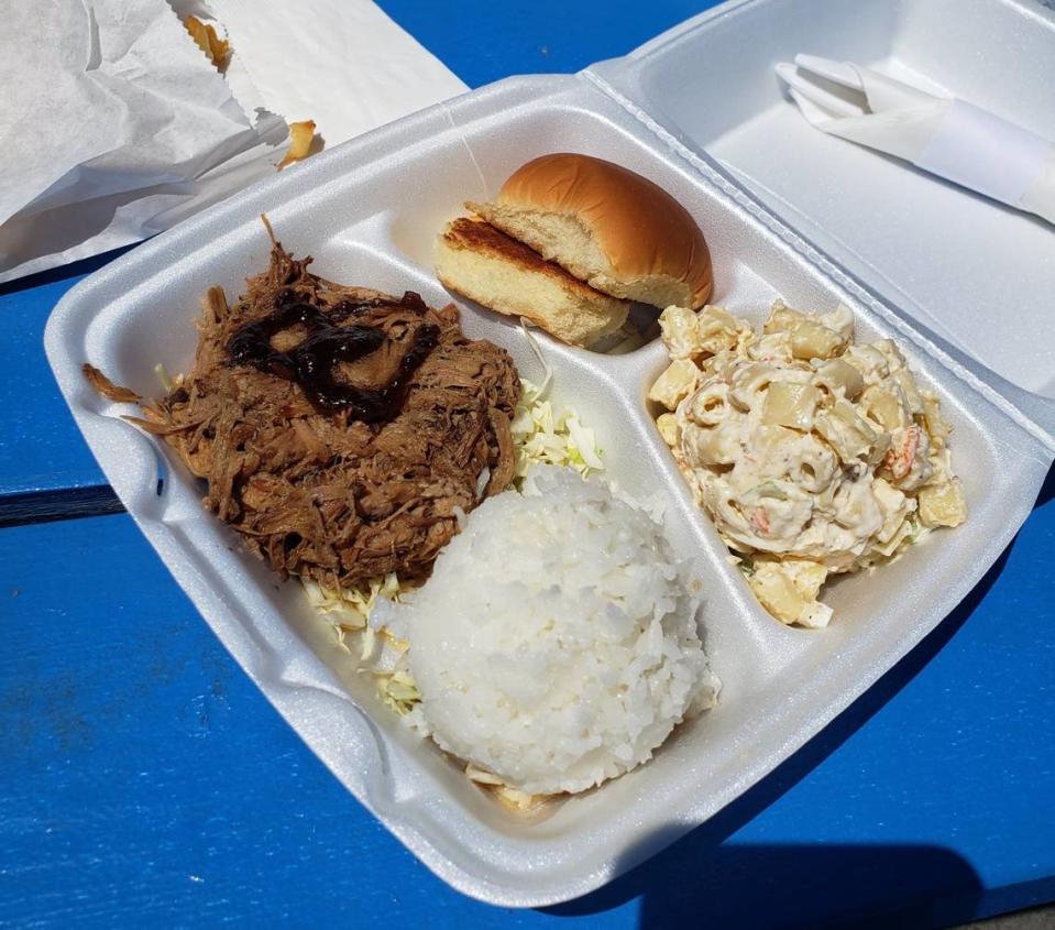 The Kalua Pork at Tiki Teriyaki Burger Time is finely shredded and melts in your mouth.