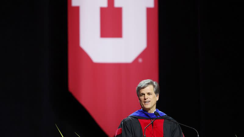 Tim Shriver delivers the commencement address during the University of Utah’s commencement in Salt Lake City on Thursday, May 4, 2023.