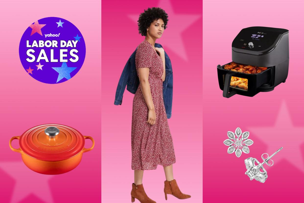 A triptych of sales - Le Creuset pan, a woman in a floral dress and fall booties, a bucket air fryer