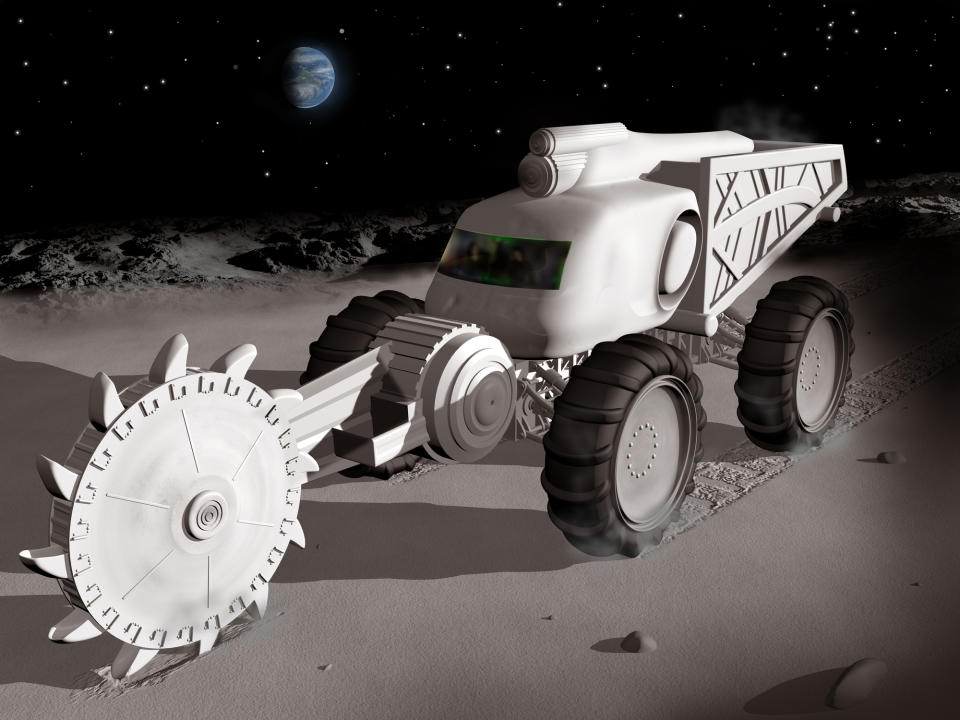 Computer rendering of a space mining truck cutting into the lunar surface