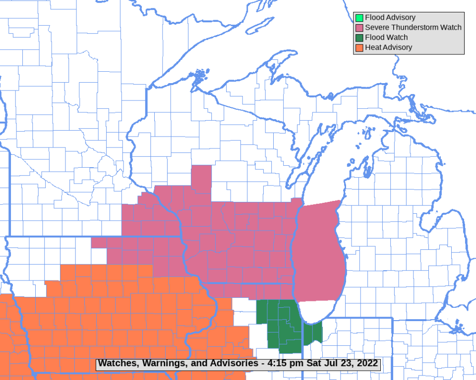 Areas shaded in pink are under severe thunderstorm watches. The watch for southeast Wisconsin, including the Milwaukee metro area, is in effect until 11 p.m.