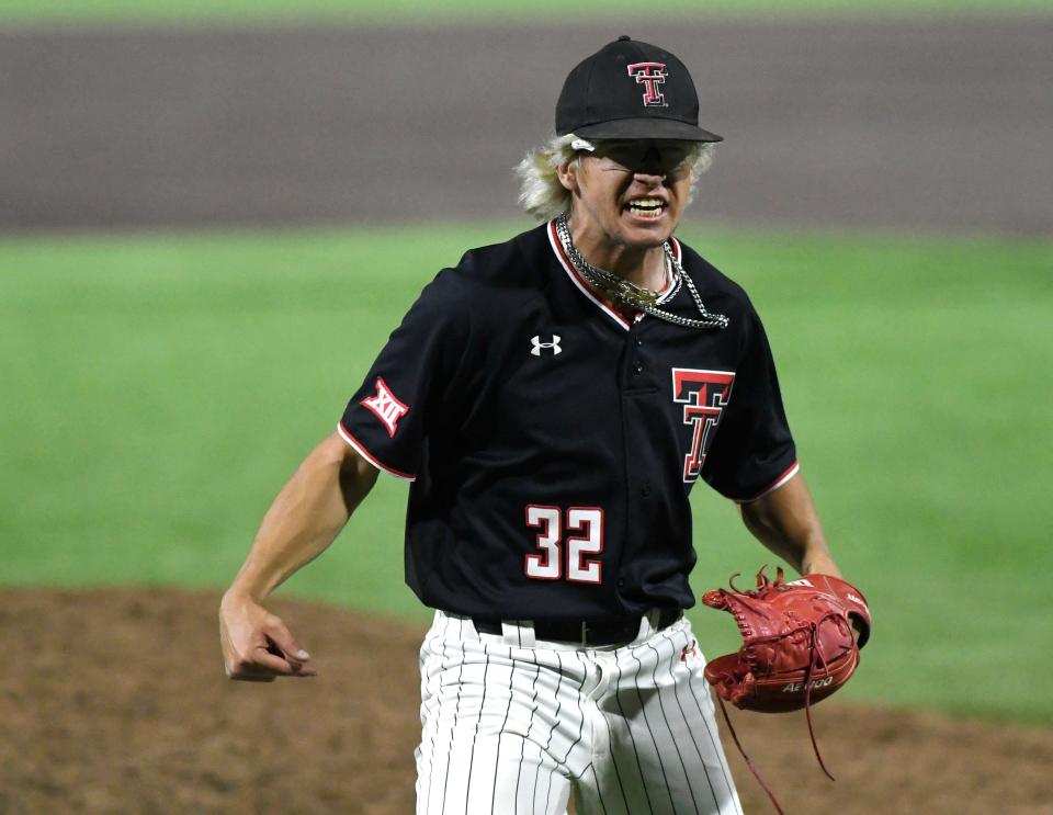 Texas Tech pitcher Trendan Parish (32) celebrates a save during an April 8 home game against Kansas State. Parish, the team leader in saves and co-leader in appearances, is out for at least the rest of the regular season, Tech coach Tim Tadlock said Wednesday.