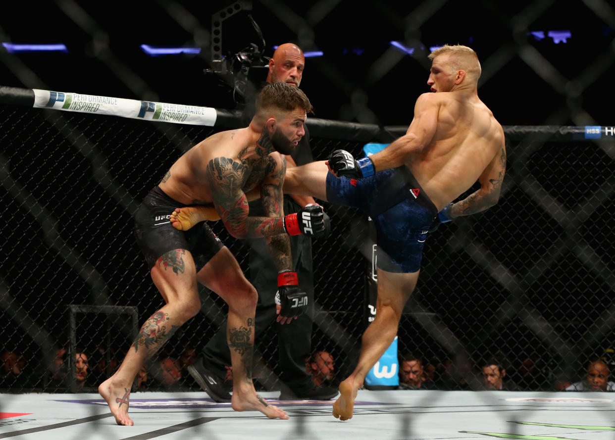 T.J. Dillashaw (R) kicks Cody Garbrandt during their UFC bantamweight championship bout at UFC 217. (Getty)