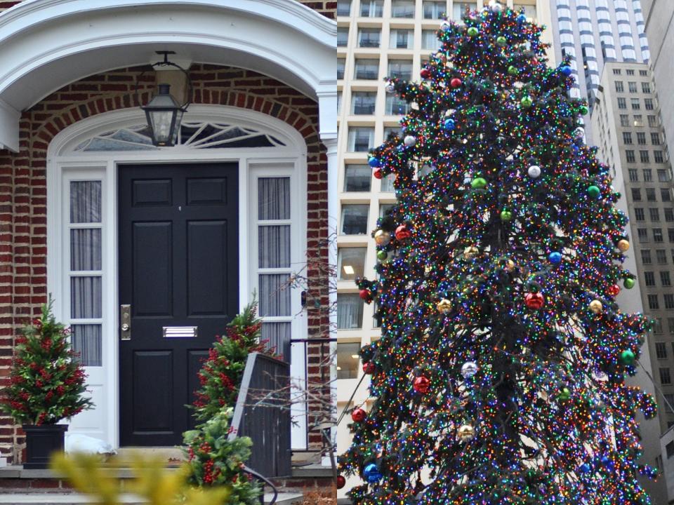 Blue door on a brick home; Christmas tree surrounded by ornaments