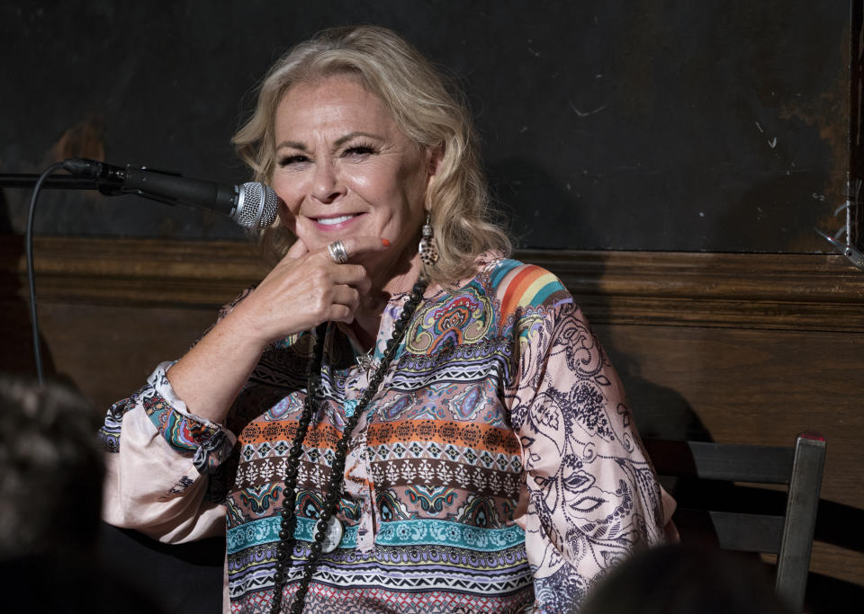 Roseanne Barr takes part in a special event and podcast taping at Stand Up NY, Thursday, July 26, 2018, in New York. (AP Photo/Craig Ruttle)