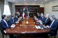 Lebanon's President Michel Aoun heads a financial meeting with Prime Minister Hassan Diab, Parliament Speaker Nabih Berri and Lebanon's Central Bank Governor Riad Salameh at the presidential palace in Baabda
