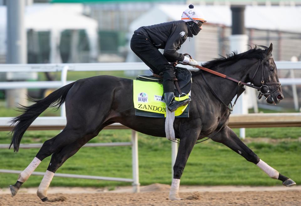 Kentucky Derby hopeful Zandon gallops on the track at Churchill Downs. Zandon is trained by Chad Brown. April 26, 2022