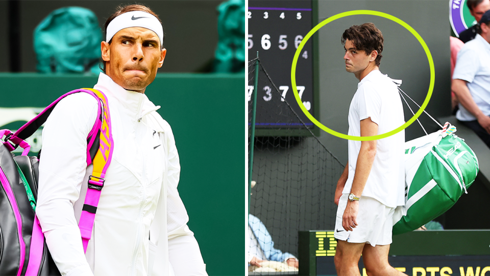 American tennis player Taylor Fritz (pictured right) walking off court after a loss and (pictured left) Rafa Nadal walking onto the court before a match at Wimbledon.