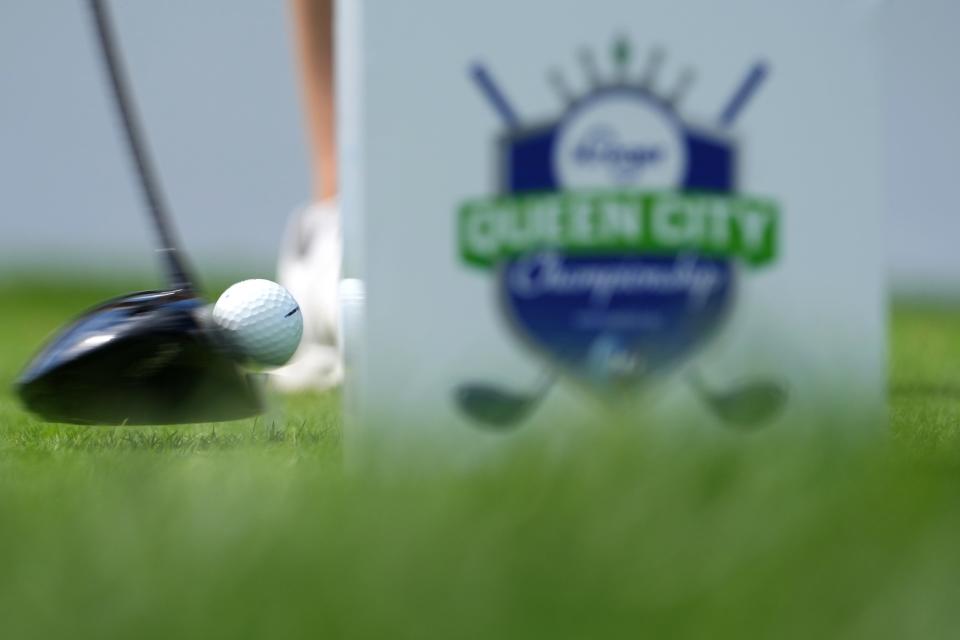 LPGA golfer Maude-Aimme Leblanc strikes her ball off tee No. 1, Wednesday, Sept. 7, 2022, during a pro-am portion of the Kroger Queen City Championship golf tournament at Kenwood Country Club in Madeira, Ohio. 