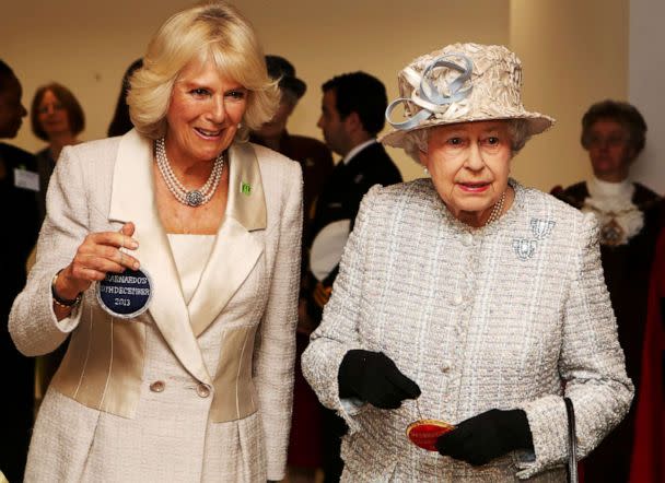 PHOTO: Camilla, Duchess of Cornwall and Queen Elizabeth II visit the new Barnardo's HQ in Barkingside in London, Dec. 10, 2013. (Pool/Getty Images, FILE)