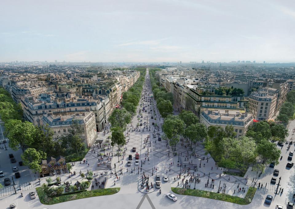 An aerial view shows the proposed changes to Paris's Champs-Élysées.