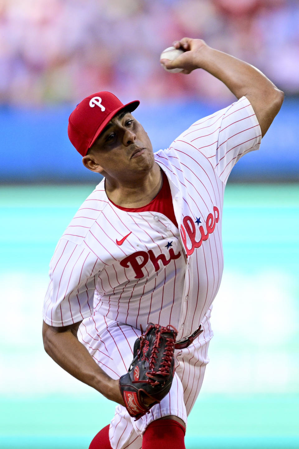 Philadelphia Phillies' Ranger Suárez throws during the first inning of a baseball game against the St. Louis Cardinals, Saturday, June 1, 2024, in Philadelphia. (AP Photo/Derik Hamilton)