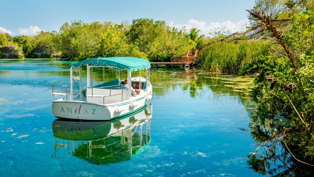  Boat on lagoon at Andaz Mayakoba Resort Riviera Maya. 