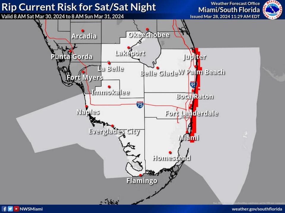 A risk for rip currents will remain high through Monday, April 1, 2024. National Weather Service in Miami