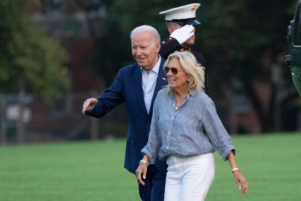 President Joe Biden and first lady Jill Biden arrive at Fort Lesley J. McNair from Camp David, Sunday, July 16, 2023, in Washington.